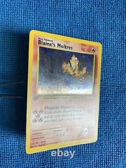 1st Edition Blaines Moltres 1/132 Holo Foil Rare Gym Heroes Pokemon Card SWIRL
