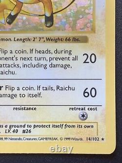 1st Edition Shadowless Raichu 14/102 Base Set Pokemon Card Holo Foil Rare LP