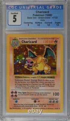 CHARIZARD Pokemon Base Set SHADOWLESS Holo Card 4/102 CGC 5 EX PSA 6+