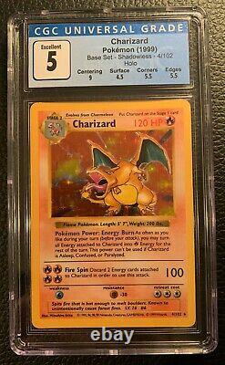 CHARIZARD Pokemon Base Set SHADOWLESS Holo Card 4/102 CGC 5 EX PSA 6+