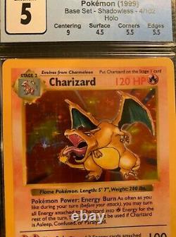 CHARIZARD Pokemon Base Set SHADOWLESS Holo Card 4/102 CGC 5 EX PSA 6+