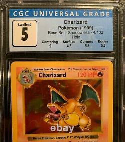 CHARIZARD Pokemon Base Set SHADOWLESS Holo Card 4/102 CGC 5 EX PSA 6+