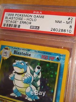 NM PSA-8 Pokemon BLASTOISE Card BASE Set 2/102 No Stage ERROR/MISPRINT Holo Rare