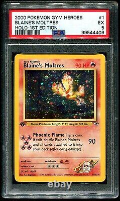 PSA 5 Blaine's Moltres 1st Edition Holo Rare Gym Heroes 2000 Pokemon Card #1