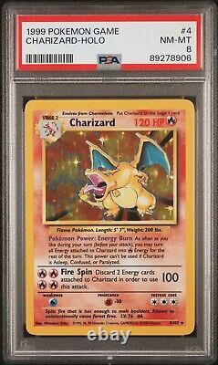 1999 PSA 8 Charizard Base Set Holo Carte Pokémon Rare #4 NM-MT REGARD PROPRE