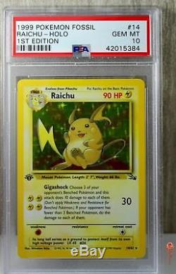 1er Ed Raichu Holo Rare 1999 Wotc Carte Pokemon 14/62 Fossil Set Psa 10 Gem Mint