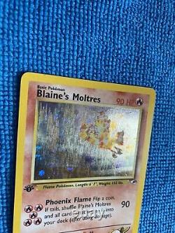 1ère Édition Blaines Moltres 1/132 Holo Foil Rare Gym Heroes Pokemon Card Swirl