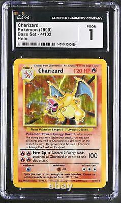 CGC 1 Charizard 1999 Base Set Unlimited 4/102 Carte Pokémon Rare Holo