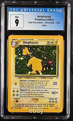 CGC 9 Amphyros 2001 Néo Révélation Illimité 1/64 Double Holo Rare Carte Pokemon