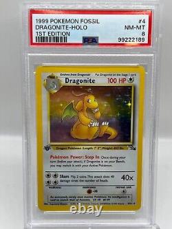 Dragonite 4/62 Fossile 1ère Édition Holo Rare WotC 1999 Carte Pokémon TCG Vintage PSA 8